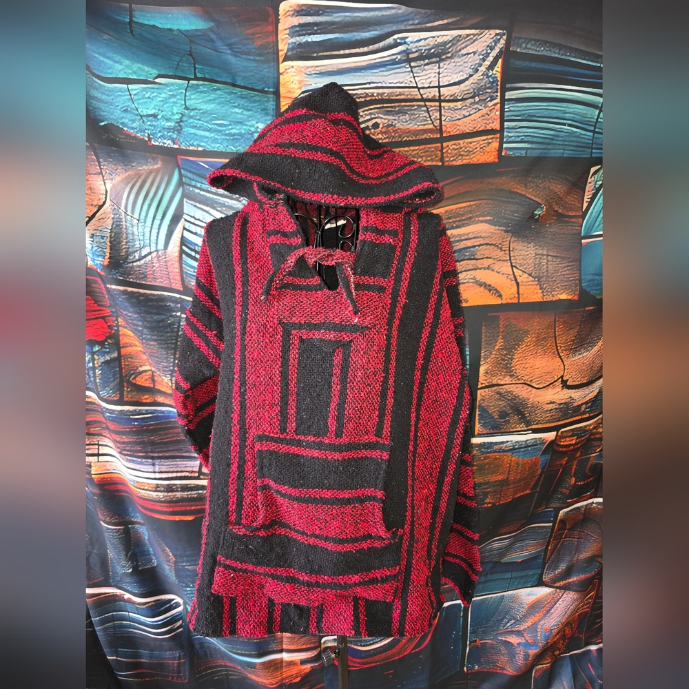 Mens Large Red & Black Striped Hooded Poncho Made In Mexico (M115)